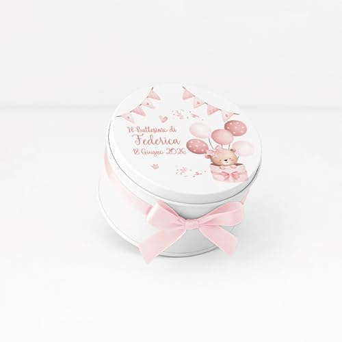 Set 10 Scatoline Portaconfetti Bomboniera, Latta con Tappo Personalizzato, Bomboniera Elegante, Scatola Regalo con Nastro Incluso, 7x7x4.5 cm, per Eventi (Orsetto Festa F)