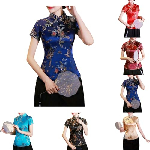 Camisa china Cheongsam para mujer, cuello mandarín de manga corta, estampado de dragón y fénix, blusa étnica, ropa tradicional, aspecto de seda elegante, moda asiática festiva