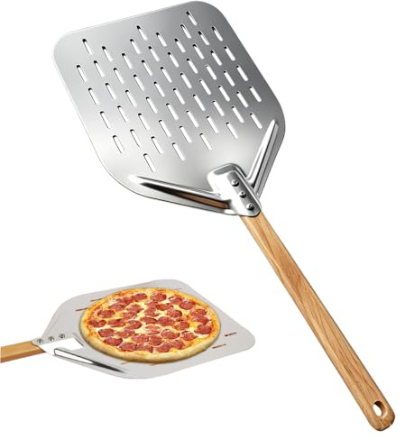 Pizzaschieber Perforiert, HOVCEH 39.5 x 30 x 2 cm 12 Zoll Pizzaschaufel Perforiert, Aluminiumlegierung Pizzaschieber mit Löchern, Abnehmbarem Holzgriff, Pizza Shovel für Ofen, Silbrig