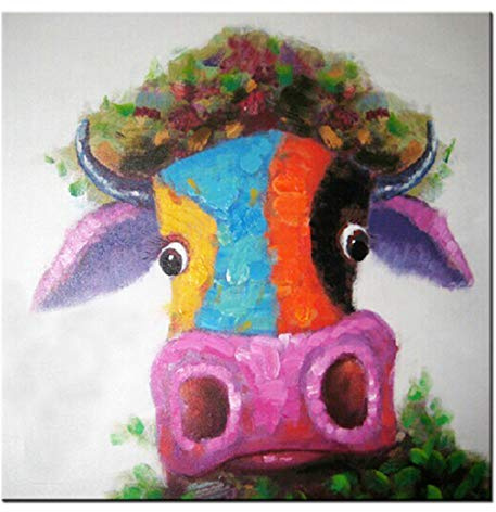 Fokenzary Hand bemalt Malerei Leinwand kleine Stier bunte Pop-Art-Wand-Dekor gerahmt bereit zum Aufhängen 16x16in