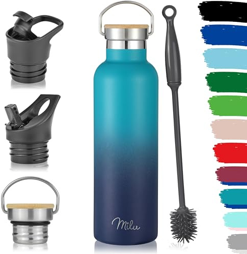 Milu Edelstahl Trinkflasche 500ml, 750ml, 1L (+3 Deckel) - Thermosflasche mit Strohhalm, Isolierte Wasserflasche, Auslaufsichere Isolierflasche doppelwandig, Kohlensäure geeignet (Grün Blau, 750ml)