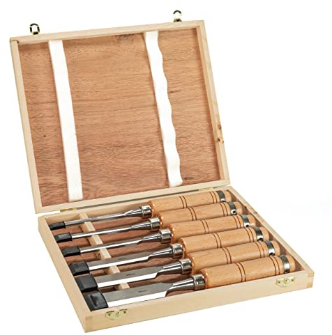 6 x Stechbeitel in Holzkiste Profi Stemmeisen Stecheisen Beitel Holz-Meissel Set