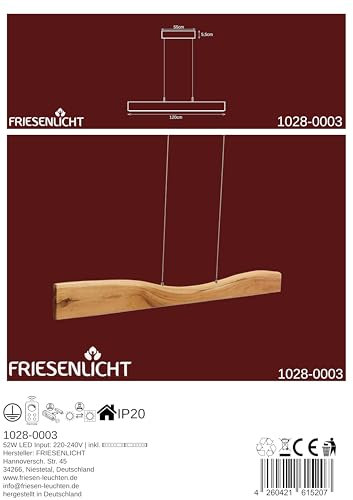 FRIESENLICHT FONA LED Holzleuchte Hängelampe aus Holz Eiche Esszimmer Büro geölt Hängeleuchte Pendelleuchte Pendellampe mit Baumkante Dimmbar über Fernbedienung(1028)