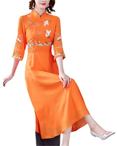 Midi Dress Elegant Chinese Style Retro Spring Summer 2022 Slim Waist Cheongsam Dress Stand Collar Embroidery Jeruk XXL