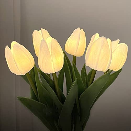 DUNMW Luce notturna a LED con 6 tulipani, luce da tavolo in vaso di fiori di simulazione Luce notturna per vasi di fiori Luce decorativa d'atmosfera per camera da letto (batteria a bottone inclusa)