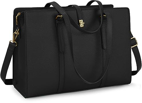 IGOLUMON Handtasche Damen Shopper Damen Groß Schwarz Wasserdicht Laptop Tasche Damen 15.6 Zoll PU Leder Arbeitstasche Umhängetasche für Business Arbeit Büro Schule