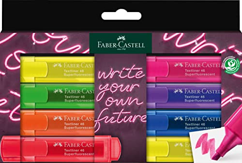 Faber-Castell 254601 Neon Textmarker Set 8 Stück, Highlighter Pens mit Präzisions-Keilspitze, Leuchtende Neonfarben, Ergonomisches flaches Design