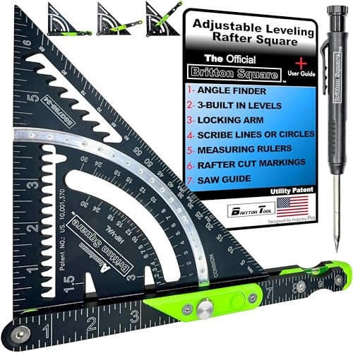 BRITTON SQUARE 7-in-1 Adjustable Carpenter Square with Level 7 inch T Square Multi-Purpose Carpenter Tools:Square, Protractor, Ruler, Marking Gauge, Angle Finder, Includes 2-in-1 Carpentry Pencil