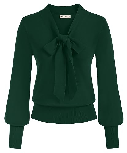 GRACE KARIN virkad topp jumper för kvinnor UK V-ringad långärmad elastisk pullover tröja med rosett, Mörkgrön, L