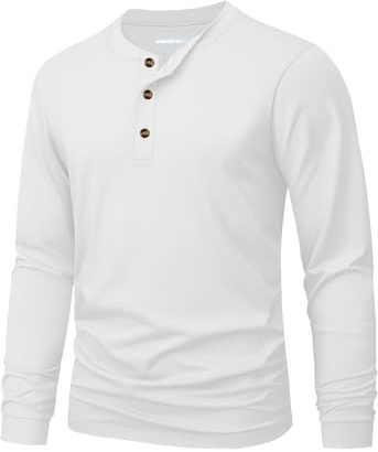 MAGNIVIT Mens Long Sleeve Henley Shirt Cotton T-Shirts Basic Tops White L