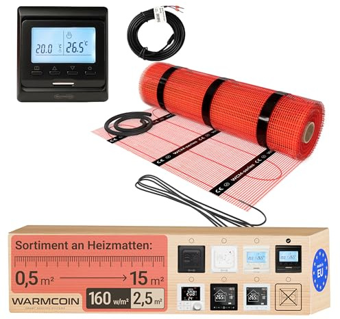 Warmcoin Tappetino riscaldante elettrico a pavimento, autoadesivo, diverse misure, 160 W/m², con termostato W51, nero (2,5 m)