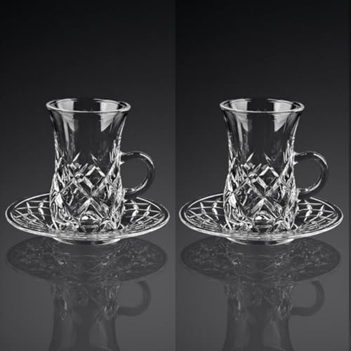 Juego de 2 vasos de cristal turco, vasos transparentes con asa, cristalería vintage, vasos y bandeja para café y té, decoración de cocina