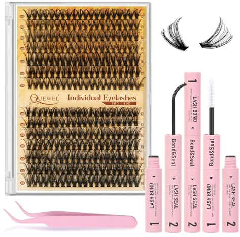 Quewel 280 PCS 30+40D Extension-Cils, longueurs mixtes 12-18 mm Faux-Cils, grappes de cils épais avec colle et pince à cils, bricolage facile à la maison (kit 30+40D)