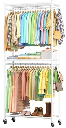 Sakugi Clothes Rack - 33.0 x 12.2 x 79.5 Clothing Rack with Shelves & Wheels, Multi-Functional Wardrobe Closet with Hooks, Sturdy Metal Garment Rack for Bedroom, Laundry, Balcony (White)
