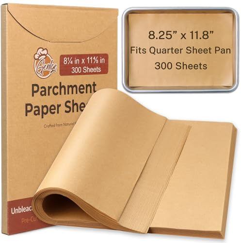 GENLGE 300 Sheets Unbleached Parchment Paper for Baking – 8.25 x 11.8 Precut, Non-Stick, Fit for Quarter Sheet Pans