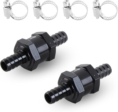 KEWAYO 2 Pièces 10mm Clapet anti-retour de carburant, clapet anti-retour en aluminium clapet anti-retour Tuyau de carburant 4 Colliers de Serrage pour L'eau Aquarium Carburant Air Gaz Liquide(Noire)