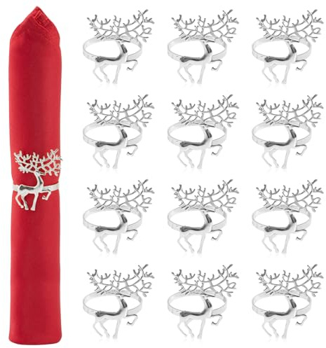 Yuaerbuo 12 Stück Serviettenringe Weihnachten, 4cm Napkin Rings Hirsch Elegante Serviettenhalter Rentier Serviettenschließe Tischdeko für Weihnachten, Hochzeit, Erntedankfest, Party (silber, 4*5.5 CM)
