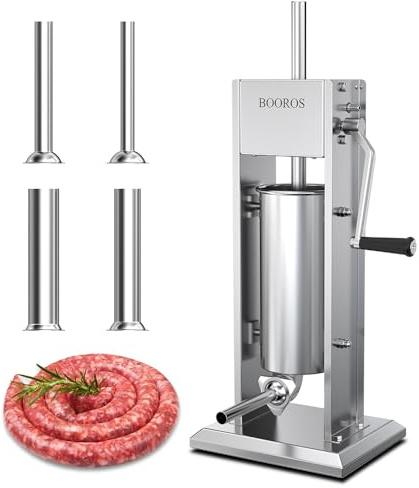 BOOROS Manual Sausage Stuffer 5L/11Lbs Vertical Meat Stuffer,Two Speed Stainless Steel Sausage Maker and Hand Crank Churro Maker Machine with 4 Stuffing Tubes and Cleaning Brush for Kitchen,Restaurant