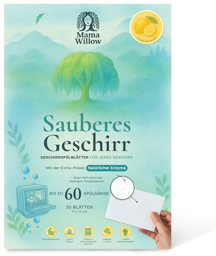Mama Willow Spülmaschinen-Blätter (30 Stück) – ohne Mikroplastikpartikel – mit pflanzlichen Tensiden & Enzymen – ohne Parabene, Phosphate & Bleichmittel – Sanfter Duft