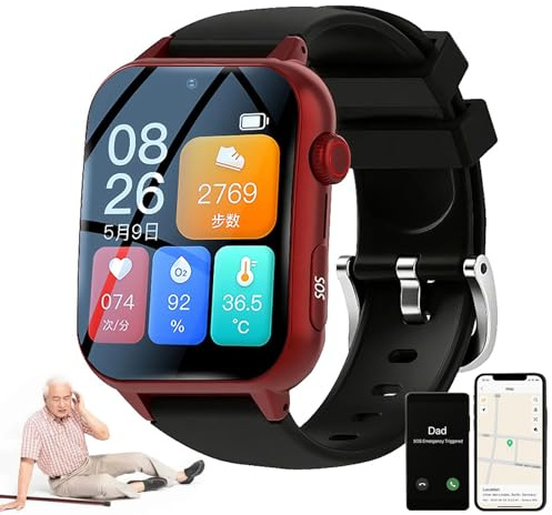 SUNBGRPYE Montre Connectée avec Détection De Chute pour Seniors, Bouton SOS d'urgence | Géolocalisation GPS + Zone De Sécurité | Appels Bidirectionnels | Étanchéité Ip67 Red