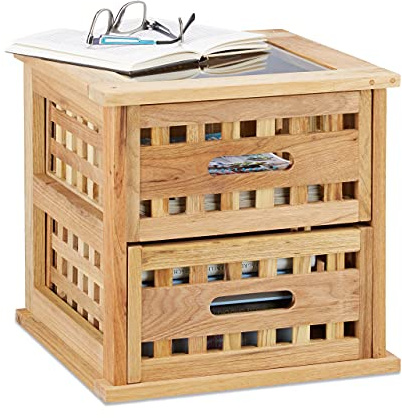 Relaxdays Beistelltisch Walnuss, quadratischer Nachtschrank aus Naturholz mit 2 Schubladen, HBT: 34 x 34 x 34 cm, natur