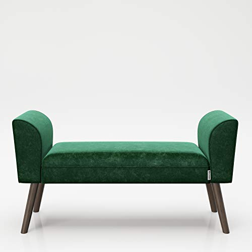 PLAYBOY Sittbänk med sammetsöverdrag i grön/petrol och robusta massiva träfötter, vadderad bänk av tyg, sittpall, fotpall med sammet, retrodesign, klubbstil för hall och entré