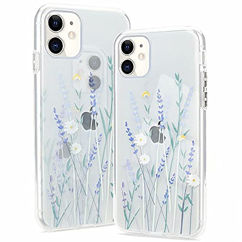 Pepmune Clear Phone Case Compatible with iPhone 12 mini Soft Silicone Shockproof Transparent TPU Protective Daisy Floral Lavenders Patterns Design Case Girls&Women Cute Cover