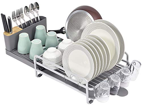KINGRACK Escurridores de Platos, Ampliable para secar Platos con Soporte para Cubiertos y Soporte para Vasos extraíbles, Estante de Platos de Aluminio Ajustable, escurridor de Cubiertos