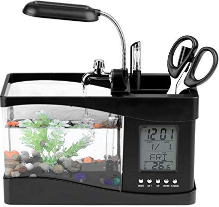 EVTSCAN Small Aquarium, Multifunktionales USB-Aquarium mit wiederaufladbarem USB-Aquarium und LED-Uhr mit Uhrfunktion für das Home-Office-Dekor(Black)