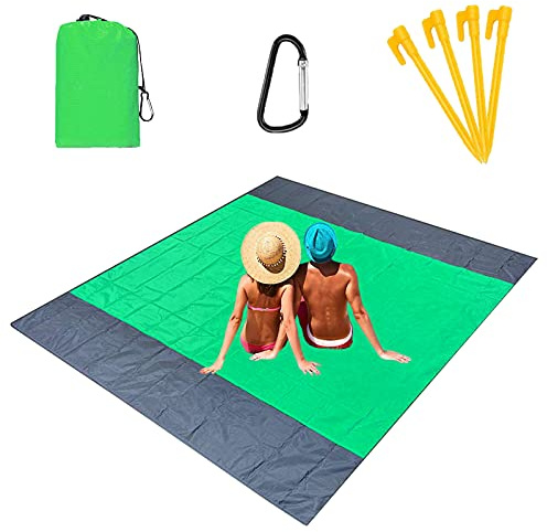 Momoco Alfombras de Playa 210 x 200 cm Manta de Picnic Impermeable con 4 Estaca Fijo, Portátil y Ligero Alfombras de Picnic para la Playa Acampar Picnic y Otra Actividad al Aire Libre, Verde