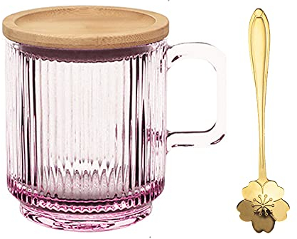 Tazza in Vetro Con Coperchio e Manico - Bicchiere Trasparente per Tè, Caffè, Latte, Cappuccino, Espresso - Calice da Acqua (Rosa)