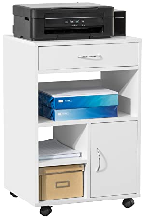 SoBuy Druckertisch mit Rollen Mobiler Druckerständer Schreibtisch Unterschrank mit Schubladen Rollcontainer Weiß Beistelltisch mit Rollen für Büro Wohnzimmer und Arbeitszimmer 50x75x40cm FBT106-W