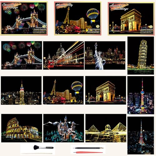 Georgie Porgy Kratzbilder Set DIY Bastelsets für Erwachsene Kinder Magic Rainbow Kratzpapier Postkarten für Weihnachten Geburtstagsgeschenk mit Kratzwerkzeuge Kit (A5 Postkarte-Klassisch Antik Modern)