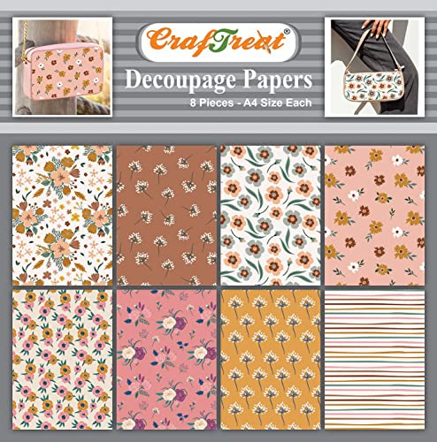 CrafTreat Blumen-Decoupage Papier A4 (8,3 x 11,7 Zoll) 8er-Pack, frische Blumen 2 für Bastelpapier Muster-Set, Scrapbooking-Papier, Motivpapier Frühling, Musterpapier, Bastelpapier Vintage
