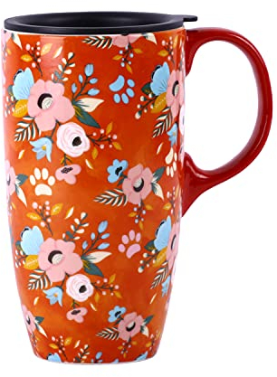 Topadorn Coffee Ceramic Mug Porcelain Travel Mug Latte Tea Cup with Lid 17oz. Orange