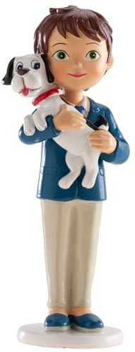 dekora - Figura Decorativa per Prima Comunione Ragazzo con Cane - Realizzata in Resina - Decorazione per Torte - 16,5 cm - Design Originale e Dettagliato - Adatto al Contatto Alimentare