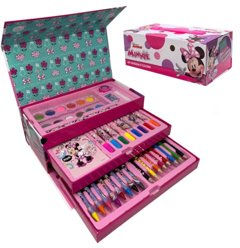 Maletín de colores para niños Minnie Disney set 52 piezas de colores y papelería caja con cajones kit dibujo y pintura