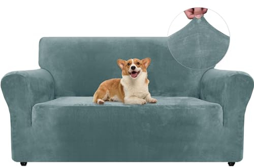 Ystyle Elastischer Samt Sofabezug 2 Sitzer, Grau Blau | Stretch Sofa Überzug, Sofaschoner Rutschfest, Couch Überzug, Sofa Cover mit Armlehnen, Sesselschoner Sofaschutz Katze