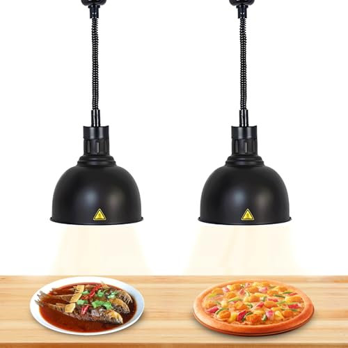 Lampe Chauffe-Plats Commercial, Lustre Cuisine pour Réchauffer Les Aliments, Lampe Chauffante avec Ampoule 250W pour Buffet et Hôtel, Longueur Réglable 60-180cm, Noir(Size:2PC)