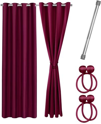 Praktisches Set ohne Bohren: 2x Vorhang + 1x Klemmstange silber 70-120 cm + 2x Raffhalter mit Magnet blickdicht & verdunkelnd, als Raumteiler, Fenster & Tür Rot Bordeaux Thermovorhang 240x135cm