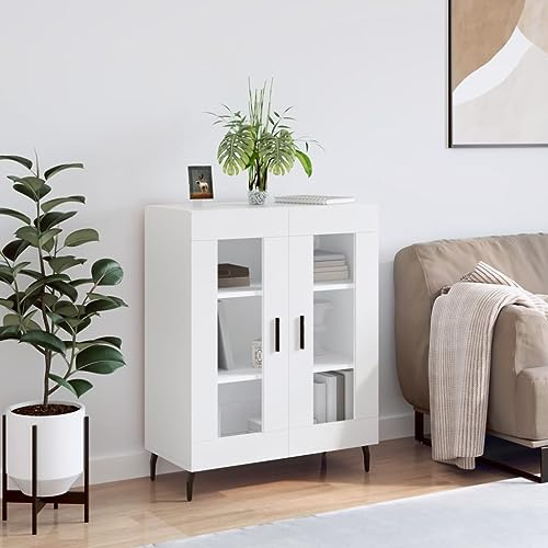 Homvdxl Modern Sideboard Storage Cabinet, Cupboard with 2 Glass Doors & Metal Legs, Storage Cabinet Unit for Living Room Bedroom Kitchen Entryway, Classic Leg - White