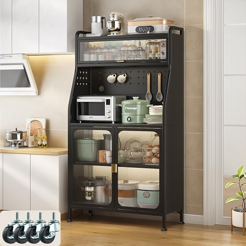 Fiutazge Küchenschrank 76cm, Sideboard mit Arbeitsplatte, Acryl-Türen & Lenkrollen, Metall Buffetschrank mit verstellbaren Ablagen, Industriestil Schrank für Küche Esszimmer Wohnzimmer,Schwarz