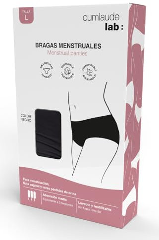 Cumlaude Lab – Bragas Menstruales, para Menstruación y Pérdida de Orina con 3 Capas Integradas, Absorción Media, Elimina Olores, Mantiene Seca, Sin Manchar Ropa, Lavable y Reutilizable, Negro, Talla L