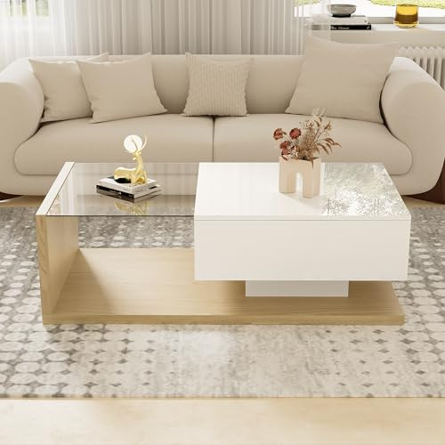 Soweiz - Mesa de café de alto brillo con espacio de almacenamiento y luces LED, mesa auxiliar, mesa central para sala de estar (Blanco + color madera, 105x55x32.5cm)