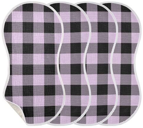 KLL Spucktücher für Babys und Mädchen, 4 Stück, Baumwolle, groß, Unisex, weich, saugfähig, bequem, Spucktücher, Babytücher, lila kariert, schwarz