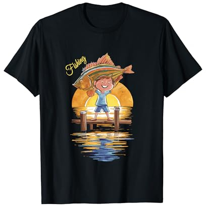 Fröhliches Angelabenteuer für Kinder bei Sonnenuntergang T-Shirt
