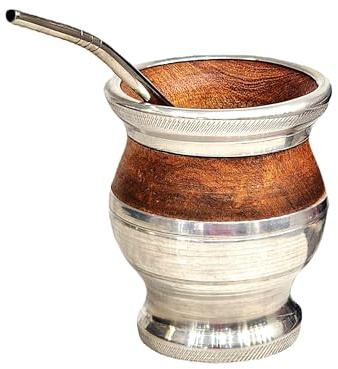 Vaso Mate Argentino Tradicional, Hecho a mano en Madera de Algarrobo con Recubrimiento de Acero Inoxidable, Mate con bombilla Gourd mate mug