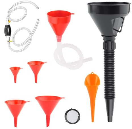 Entonnoir de vidange d'huile, entonnoir de liquide de transmission, Kit d'entonnoir à huile de 8 pièces, entonnoir à angle droit, Entonnoir à large bouche avec pompe à siphon manuelle pour le pétrole