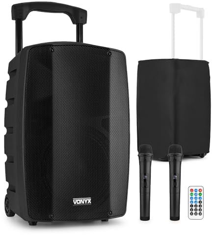 Vonyx VSP200 Portable PA Speaker, 10 200W Battery PA System with Wireless Mic, Bluetooth, Aux Input, Pull-Up Handle, Wheels & Cover for Events & Performances
