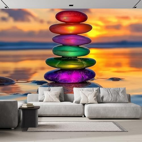 Papel Pintado Pared 3D Papel Tapiz， Piedras Apiladas De Colores Playa Atardecer tejido seda Fotomurales 3D Papel Pintado Pared Dormitorio Murales Wallpaper 150×105 cm